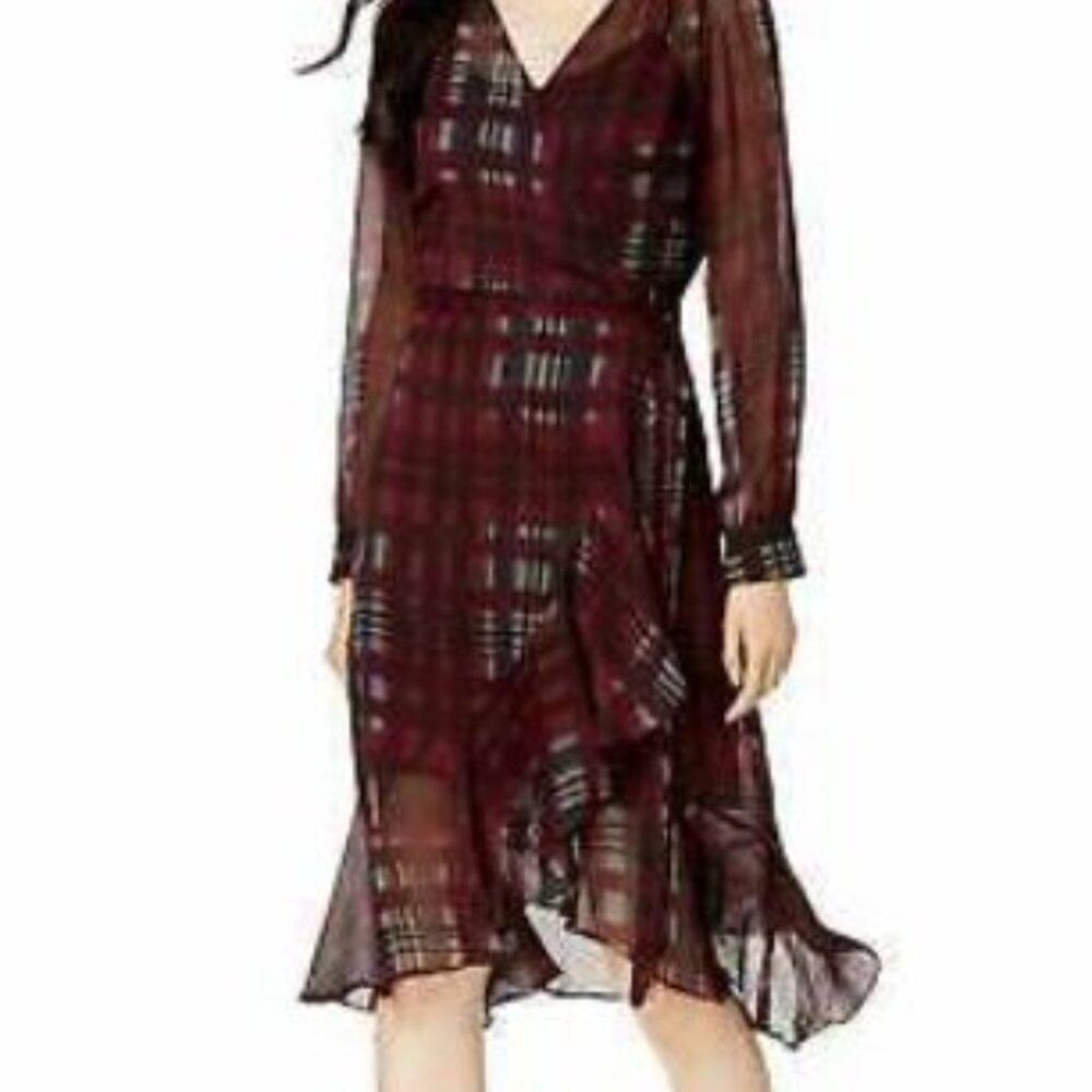 Nanette‎ Lepore Chiffon Ruffle Wrap Dress Sz 6 Burghandy Plaid w Camisole Glam